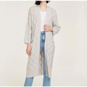 Autumn Cashmere Womens Leaf Pointelle Long Open Cardigan Sweater Beige Size S